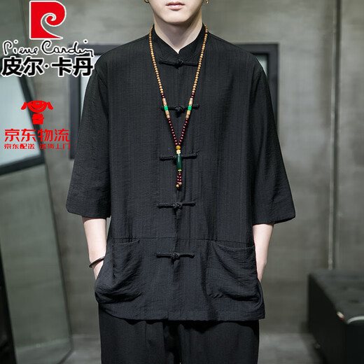皮尔卡丹（pierre cardin）中国风冰丝七分袖衬衫男装汉服夏季垂感短袖衬衣宽松大码盘扣唐装 Y677黄色 2XL