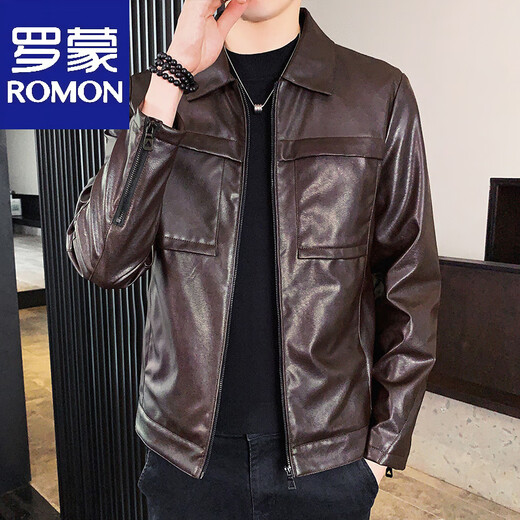 罗蒙新款皮衣2025春秋季美式复古男士感翻领休闲青年机车皮夹克薄 黑色-py830 M