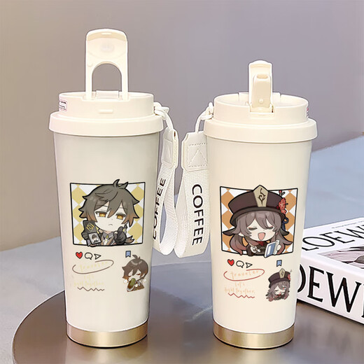 Genshin Impact Zhongli Walnut Insulation Water Cup for Men and Women Students Straw Sports Cup High-Precision Double Drinking Coffee Cup Portable BXAB15940 Princess Food Grade Stainless Steel Liner-520ML with Lanyard
