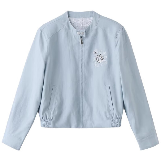 
ROMON (ROMON) jacket for women with high-end embroidered cotton linen short spring and autumn 2025 new lace spliced ​​stand-up collar jacket top baseball uniform light blue S