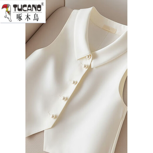 Holzspecker (Tucano) Neues französisches Licht Luxusstil Polo Kragen weiße Weste Jacke für Frauen Design Nische Sommer Chic ärmellose Top White M.