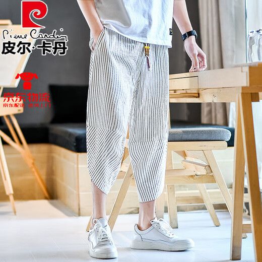 皮尔卡丹（pierre cardin）亚麻短裤男休闲裤夏季薄款大码中国风宽松哈伦裤子条纹棉麻七分裤 白色 M