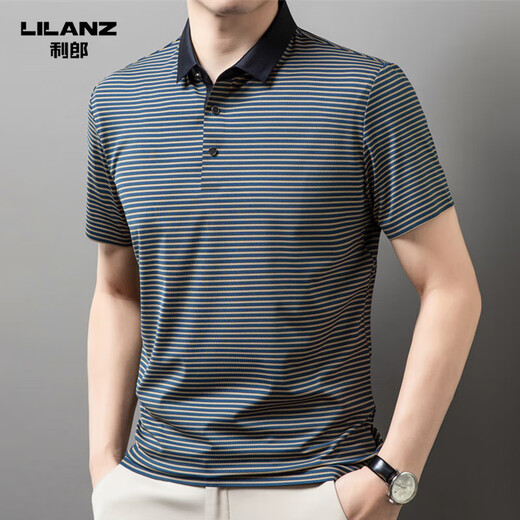 
Lilang light luxury men's lapel short-sleeved T-shirt in summer striped young and middle-aged business casual POLO shirt ice silk breathable top Navy blue 13691 S 165