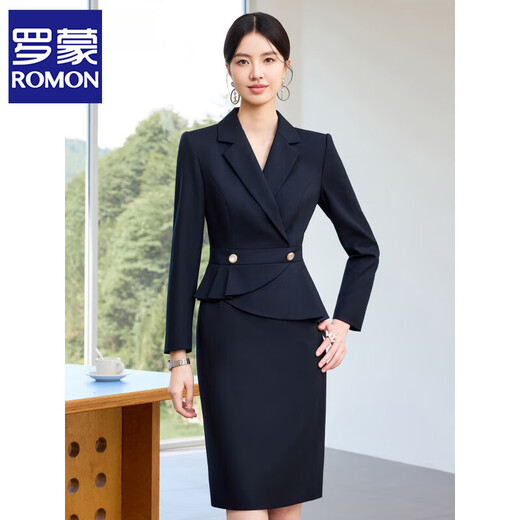 罗蒙（ROMON）新款藏青色高级感假两件连衣裙修身显瘦气质时尚职场工作服 藏青色 连衣裙 L