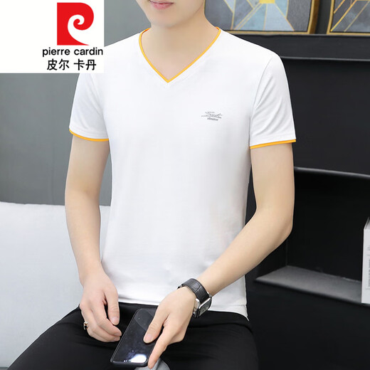 
Pierre cardin knitted new men's short-sleeved V-neck Korean slim men's base shirt half-sleeved casual men's T-shirt top trendy 693 white M