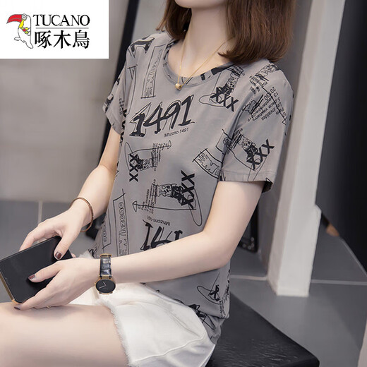 啄木鸟微胖2025夏装新款大码純棉短袖t恤女韩版显瘦百搭休闲胖mm遮肚子 6623灰色 M 80-95左右