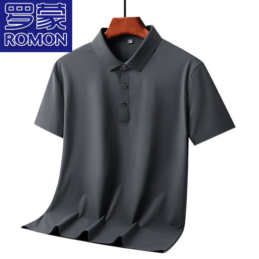 Romon (Romon) Camisa de seda de hielo ligera y transpirable para la camiseta de solapa de color sólida para hombres para la camiseta de manga corta de mediana edad y jóvenes de mediana edad de los hombres 6629 gris oscuro 3xl