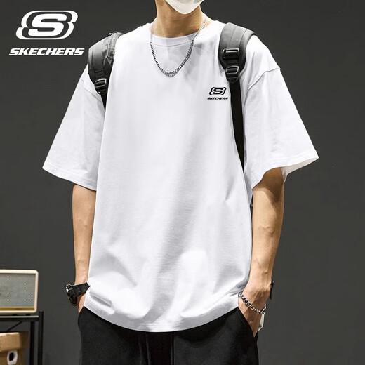SKECHERS斯凯奇休闲短袖男士夏季跑步户外运动半袖纯棉圆领时尚潮流t恤男 U071-0019亮白色 L /175