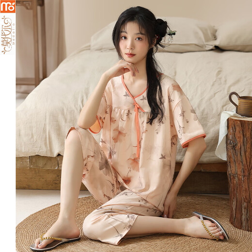 Pyjamas modal pour les femmes en été 2025 Nouveau costume de style chinois à manches courtes Nouveau pantalon cuit chinois style mince pour l'usure décontractée y9902 m (recommandée 75-95jin [Jin est égal à 0,5 kg]))