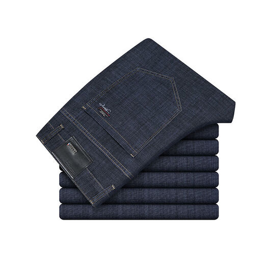 SHANSHAN Summer Ice Silk Jeans Men's Thin Straight Loose High Waist Men's Pants Daddy's Elastic Casual Long Pants Men 9855 Medium Blue Ice Silk Thin Style 28 (Two Foot One)