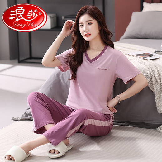 Langsha pijama para mujeres pantalones de manga corta de algodón puro en el verano 2025 juego de ropa casera nueva casual, cómodo y simple, se puede usar fuera de 7374 pasta de frijoles en polvo M 80-100Jin [Jin iguala 0.5 kg]