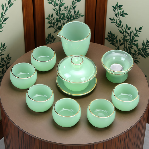 Richunliu high-end sky blue Ru kiln gilt jade porcelain Kung Fu tea set light luxury high-end dragon and phoenix master cup lid bowl gift box set gilt Ru sapphire jade porcelain tea set dragon and phoenix master cup 12 pieces