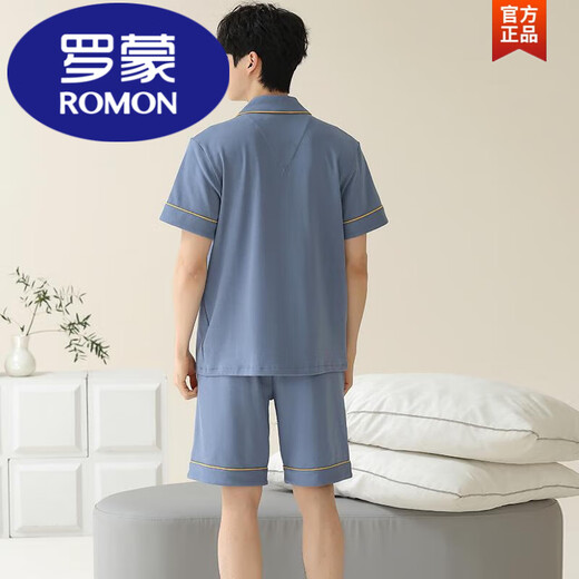 罗蒙（ROMON）睡衣男士夏季纯棉短袖短裤开衫薄款大码纯色休闲家居服套装夏季男 蓝绿色12801【100%纯棉】 L 【建议100-120斤穿】