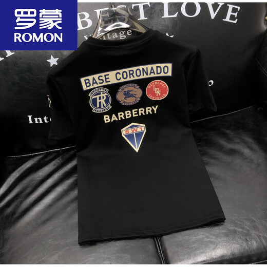 ROMON summer new men's badge embroidered round neck half-sleeved men's trendy brand slim short-sleeved T-shirt simple and versatile fashion men's clothing 6622 white XL