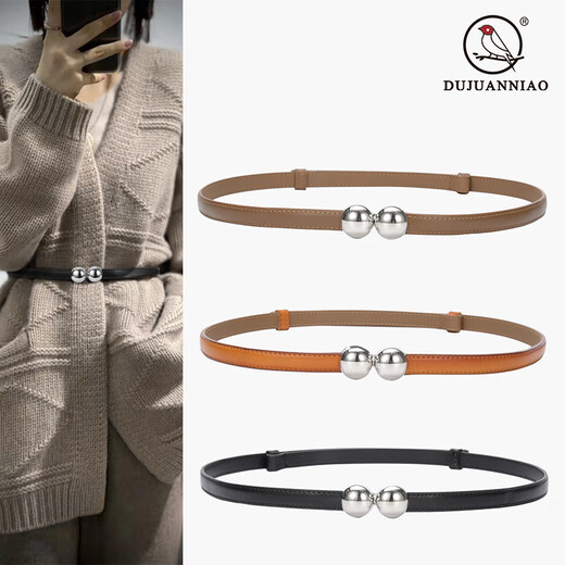 Adjustable women's thin belt, fashionable spherical double-buckle belt, versatile cowhide belt, women's decoration, dress strap 15939-Cai Green 95cm 50-