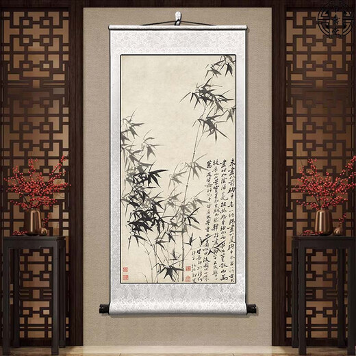Book and Dance Hall Zheng Banqiao Bamboo Hanging Painting Celebrity Calligraphy Calligraphy and Painting Ink Chinese Painting Bamboo Newspaper Peaceful Living Room Bedroom Landscape Decorative Painting Ink Bamboo - Zheng Banqiao - Vertical Style - Silver White Style Overall Size Width 50cm Height 100cm (Hook included)