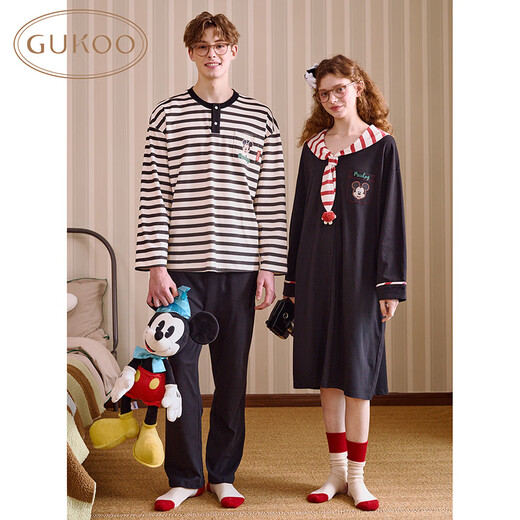 Gukoo Couple Pajamas Spring and Autumn Women's New Nightgown Disney Cotton Men's Home Clothes Set Can Be Weared Outside C Black Couple Home Clothes S Women