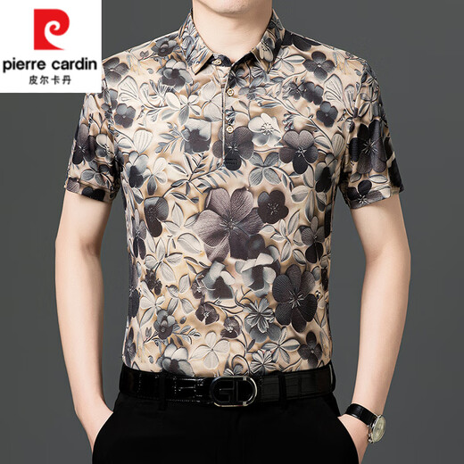 
Pierre cardin high-end ice silk short-sleeved floral shirt men's new 2025 unsilent elastic top middle-aged casual shirt Gold 9898 XL 135-150