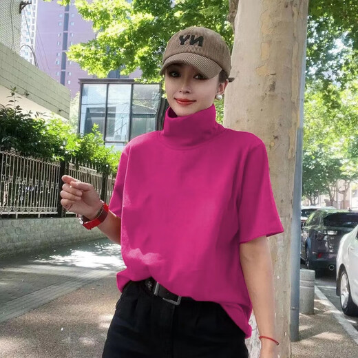 
Aigechen high neck short-sleeved women's loose shirt for summer age reduction versatile solid color plus size top black R letter 1283 single size L is suitable for 80-105 Jin [Jin equals 0.5 kg]