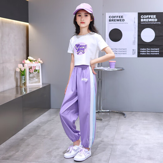小憨鹿女童夏季新款运动套装潮流短袖宽松薄款夏装 5728渐变色+9889白色 160 cm