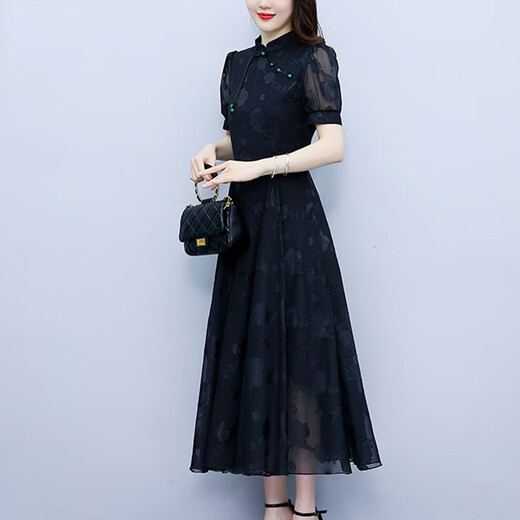 
OLJ high-end brand dress for women 2025 summer new Chinese style modified cheongsam temperament slim skirt apricot color M 80-100Jin [Jin equals 0.5 kg]