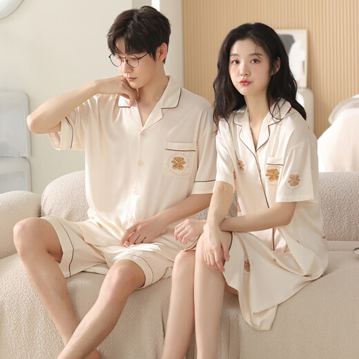 
Yalu couple pajamas summer thin ice silk 2025 new cardigan short-sleeved home clothing sense men's large-size suit L6210 ice silk skirt cover 2XL women + men's XL