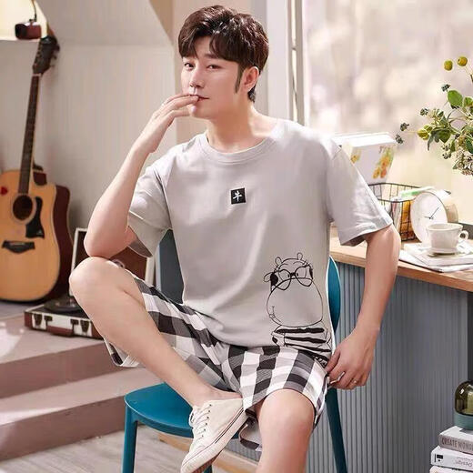 Hongdou official website [Central Mother] 2025 pajamas men summer pure cotton short sleeve shorts cotton teenager men's home clothes milky white 679 L [recommended 110-135 Jin [Jin equals 0.5 kg] wear]