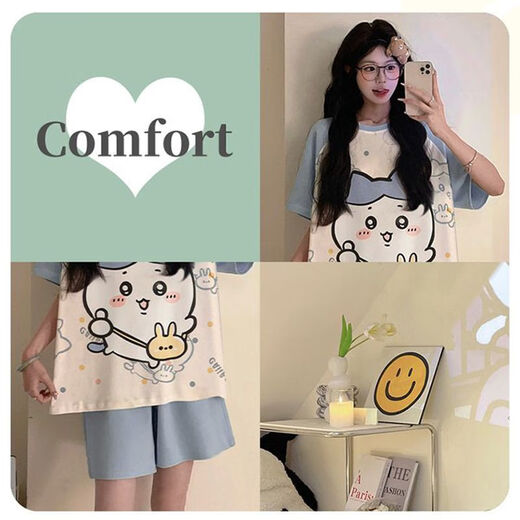 奢依君（SHEYIJUN）吉伊卡哇睡衣 夏天女夏季短袖短裤宽松大码学生卡通薄款家居服套 693黑笑脸【夏季】 M 【80-95斤穿】