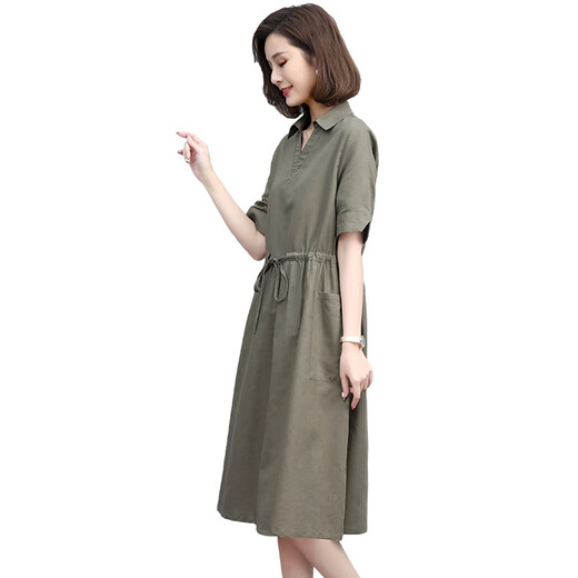 Homesee overseas light luxury high-end dress cotton linen thin fat mm age-reducing large size women's belly-covering and slimming linen long skirt V-neck navy blue 6628 XL (approximately suitable for 131-140 Jin [Jin equals 0.5 kg])