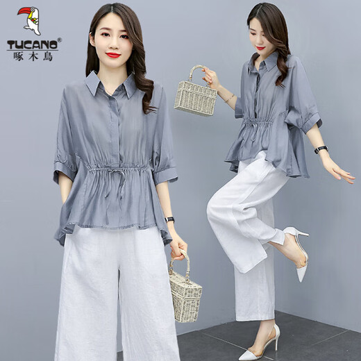 啄木鸟棉麻套装女气质2025年夏季新款时尚休闲洋气亚麻阔腿裤两件套 白色 S