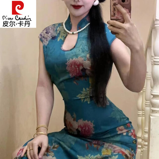 Pierre Cardin New Chinese Style Improved Cheongsam Dress Women's Summer National Style Waist Tightening Temperament Thousands of Sexy Hip Covering Skirt 59 Blue 2XL