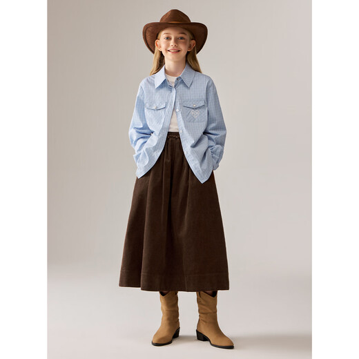 ELLE KIDS children's clothing plaid long-sleeved versatile shirt for girls autumn new French classic high-intelligence top blue plaid 160 (S)