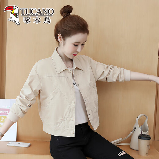 Woodpecker Women's Short Jacket Short Size Spring and Autumn Clothing 2025 Korean New Fashionable and Versatile BF Baseball Jacket Trendy Apricot M