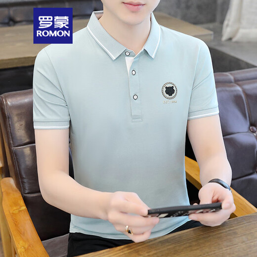 
ROMON short-sleeved T-shirt for men 2025 new summer new youth simple trend half-sleeved lapel Polo shirt clothes K12801 green L