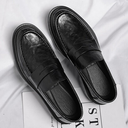 Baiguanli.com Fangshi Store Flag Genuine Leather One-Pick Men's Loafers Lazy Trendy Spring Men's Shoes British Casual Leather Shoes Korean Style Doudou Shoes Men 3518 Black T.S.L Genuine Leather Style 38