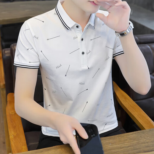 Centro comercial mismo estilo, camiseta de manga corta con solapa estampada de verano para hombres, polo informal de moda de algodón puro para hombres, media manga para hombres, negro QY677 2XL