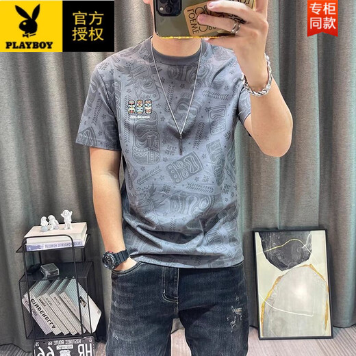 Playboy (Playboy) 2025 Summer Nueva camiseta de manga corta para hombres Estampado de cuello redondo versátil impreso de cuerpo completo