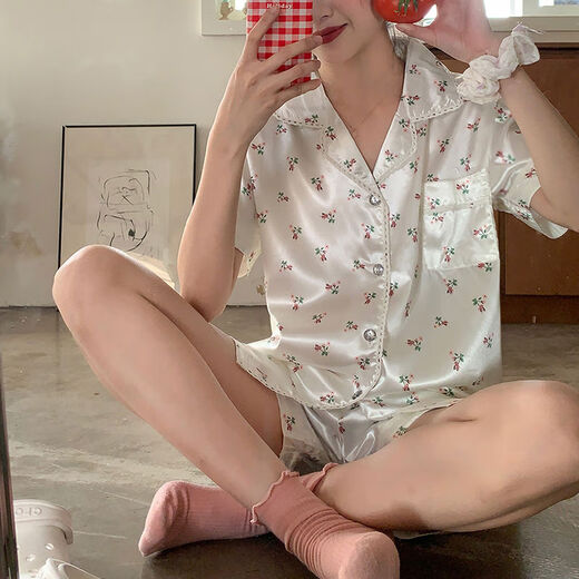 欧伦黛ins新款碎花冰丝睡衣女夏季薄款小清新休闲少女家居服套装可外穿 套YFY9901【丝滑凉感型】 M 【建议80-100斤】