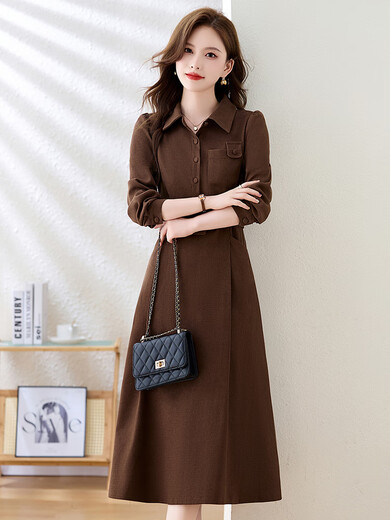 
TJQ ​​luxury high-end brand knitted dress for women 2025 autumn new long-sleeved temperament women French small skirt brown color M suggests 105Jin [Jin equals 0.5 kg]