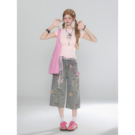 Washed and used ripped bear embroidered high-quality jeans 2025 new high-waist loose wide-leg cropped pants Light blue (high-quality quality) 2XL