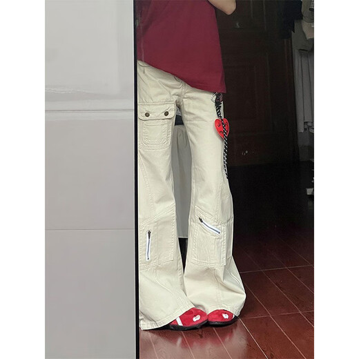 灿图美式工装微喇牛仔裤女夏季高腰显瘦多口袋设计感宽松直筒阔腿裤子 杏色 M 【建议90-110斤】