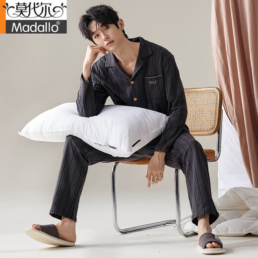 Modal Men's Pyjamas Spring and Automne Coton Pure Coton à manches longues Cardigan à grande taille Loes Loose Men's Cotton Home Vêtements à l'extérieur Porte 12213 L