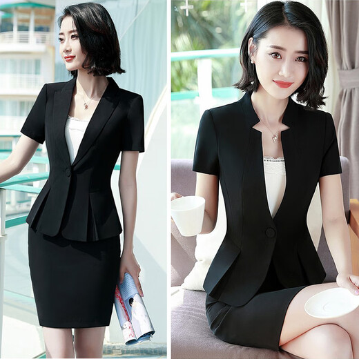 帛雷斯诺酒店领班高端工作服美容职业装套装女夏季薄款短袖西装前台工作装 6629黑西装+九分裤送吊带 4XL建议138-148斤 均码