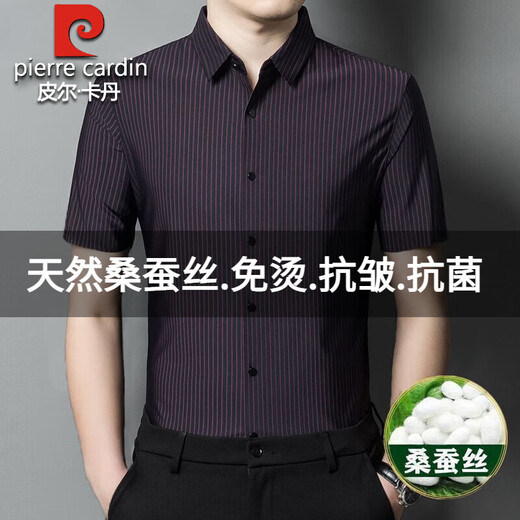 皮尔卡丹高档桑蚕丝短袖衬衫男2025夏季新款条纹无痕免烫商务休闲真丝衬衣 4205#哈青 XL 175码建议130-150斤
