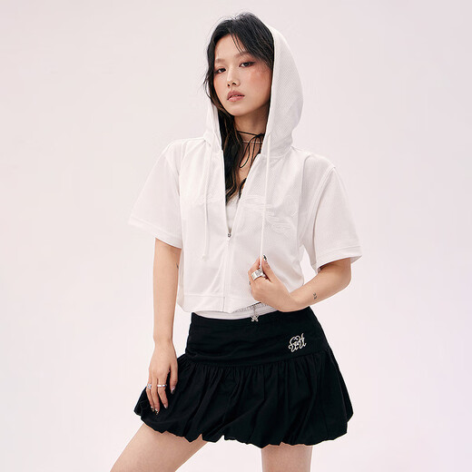 CHUU mesh hollow hooded jacket for women 2025 summer new product letter embroidery sports college short-sleeved top thin white one size