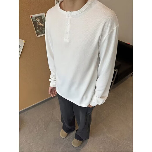 American Henry Collar Waffle Long Sleeve T-shirt Men's Autumn 25 Years Premium Sweatshirt Men's Casual Bottoming Shirt Black L Recommended 100-120 Jin Jin equals 0.5 kg