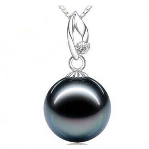 Fat Donglai buys Tahitian black pearl pendant for the same model, mother-of-pearl black green pearl inlaid with Hao stone 925 silver necklace, black 10mm