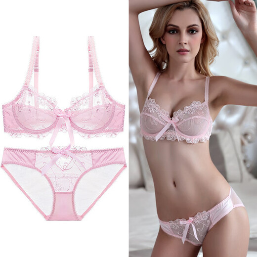 Victoria Palace Ultra-Thin Sexy Bra Transparent Bow Lace Bra Big Breast Look Small Large Size Push-up Sexy Underwear Set Lotus Root Pink 80B/36B with L Size Panties