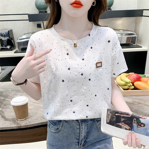 Avec Pure Yishion T-shirt imprimé en coton pur pour les femmes à manches courtes pour femmes T-shirt polyvalent T-shirt Top Tend 1396 # White S Convient pour 80-99jin [Jin est égal à 0,5 kg]