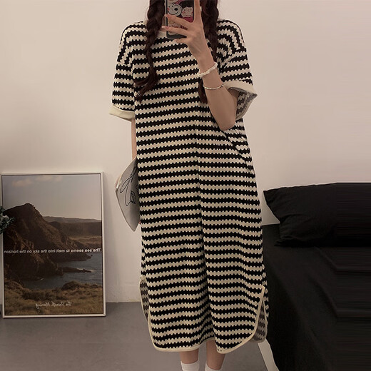 
Yalu Bingsi nightgown for women in summer loose and casual can be worn outside 2025 new short-sleeved home clothes pajamas with chest pad LMSJ1105 breastless pad Pure cotton spring and summer style M 160 90-100Jin[Jin equals 0.5 kg]